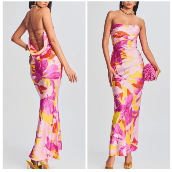 Retrofete Keaton Botanical Floral Pink Silk Strapless Gown Maxi Dress - SMALL - Picture 1 of 13